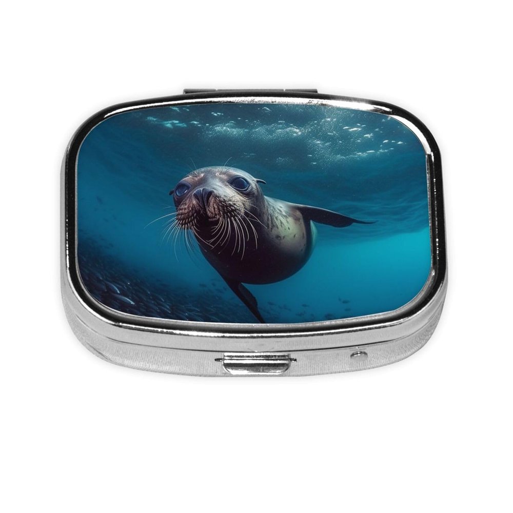Underwater Sea Lion Pill Box Metal Pill Case Portable Travel Pill Organizer for Pocket or Purse Decorative Medicine Box Vitamin Container