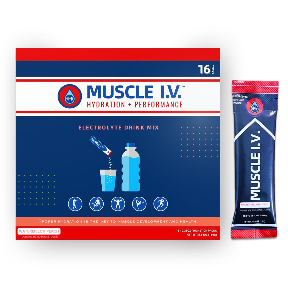 Muscle I.V. Hydration Electrolyte Drink Mix - Watermelon Peach - 16 Easy Open Single Serve Powder Stick Packs | Caffeine Free | Gluten Free | Soy Free | Non-GMO | 100% Vegan