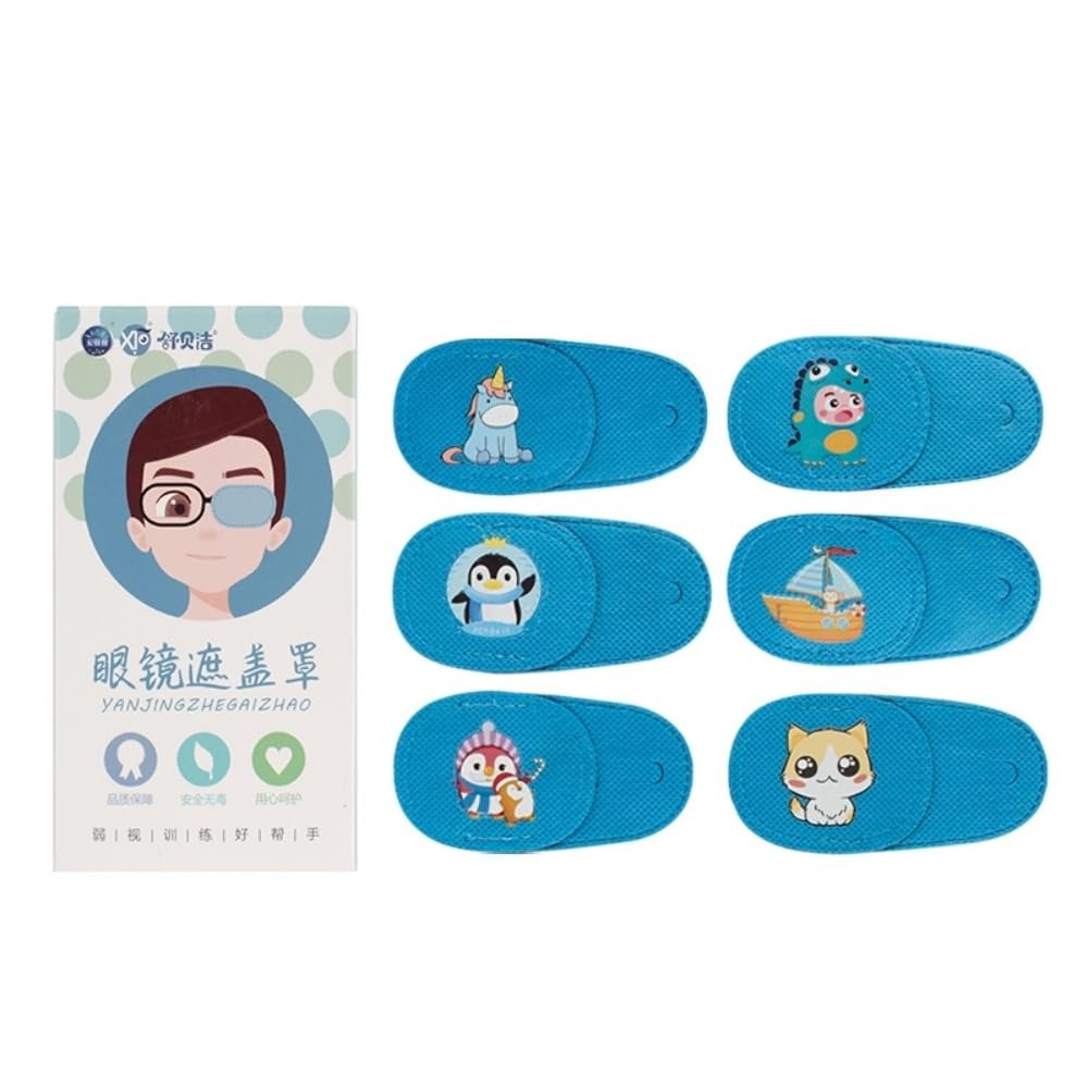 6 Pcs Eye Patches for Kids Girls Boys Right and Left Eye Patch for Eyeglasses, Lazy Eye Patch for Children Treating Lazy Eye Amblyopia Strabismus and After Surgery (6 Cartoon Blue, Left)