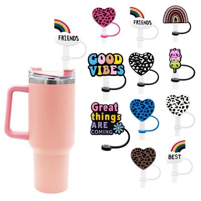 10mm Silicone Heart Straw Covers for Stanley 40&30 Oz Tumbler Dustproof Leopard Print Heart Straws Tips Reusable Splash Proof Rainbows Straw Toppers Silicone Straw Cap Valentines Day 11Pcs