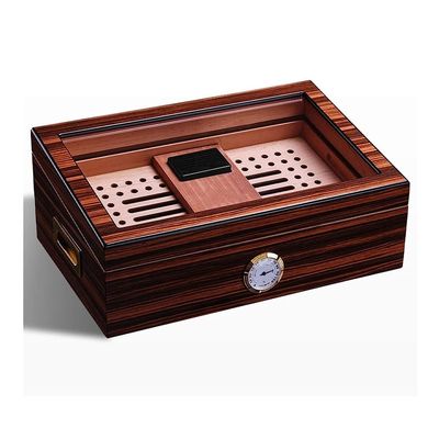 High End Cigar Humidor, Small Mini Cigar Cabinet for 30-50 Cigars with Humidifier and Hygrometer, Desktop Cedar Wood Cigar Box Storage Case with Glass for Men, Reddish Brown