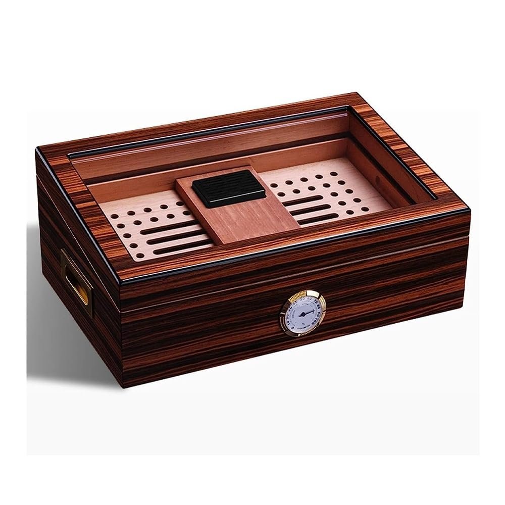High End Cigar Humidor, Small Mini Cigar Cabinet for 30-50 Cigars with Humidifier and Hygrometer, Desktop Cedar Wood Cigar Box Storage Case with Glass for Men, Reddish Brown