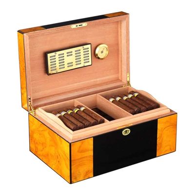 100 Cigars Handmade, Wooden Travel Cigar Humidors Box with Digital Hygrometer Humidifier Double, Tempered Glasstop and Lockable Vintage Keys