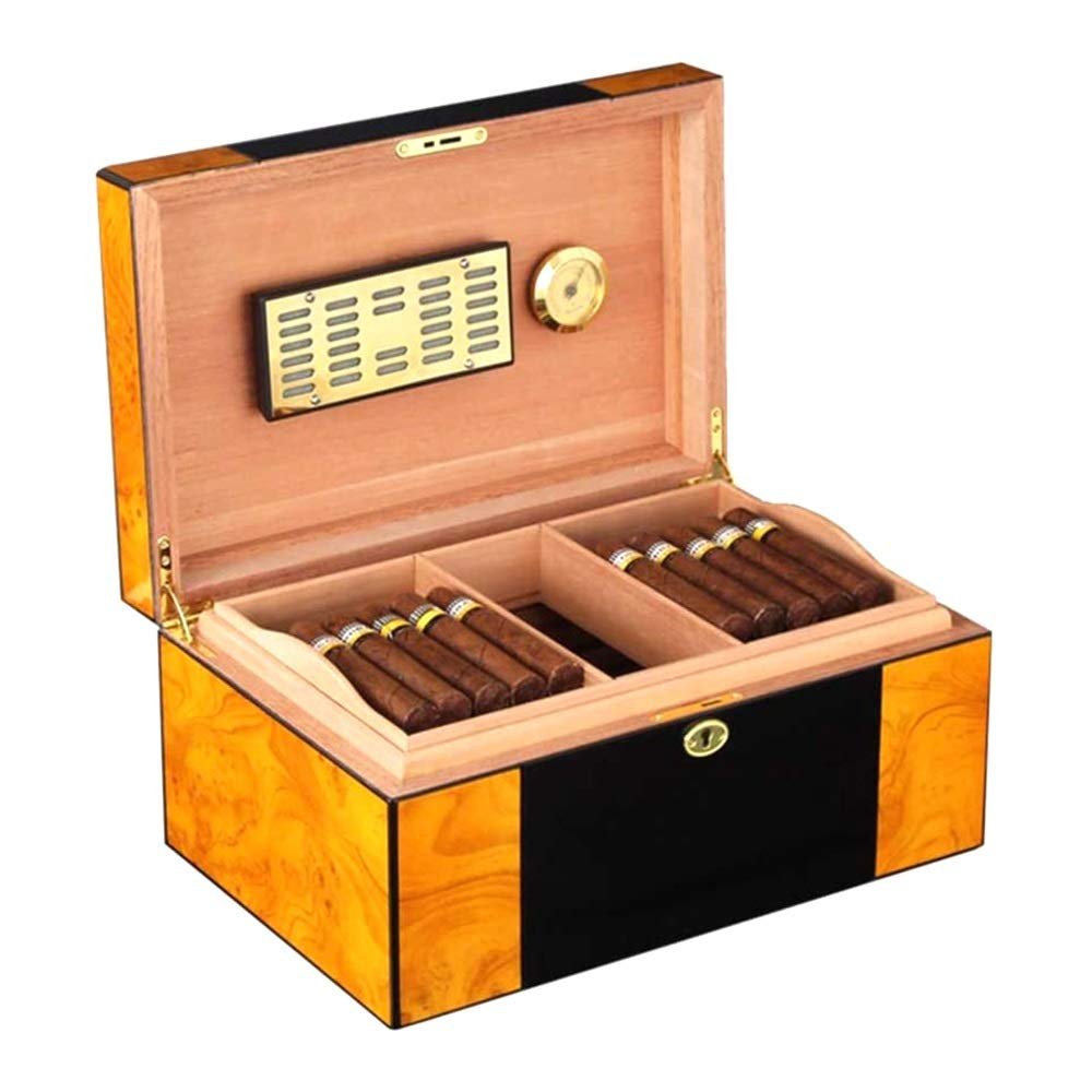 100 Cigars Handmade, Wooden Travel Cigar Humidors Box with Digital Hygrometer Humidifier Double, Tempered Glasstop and Lockable Vintage Keys
