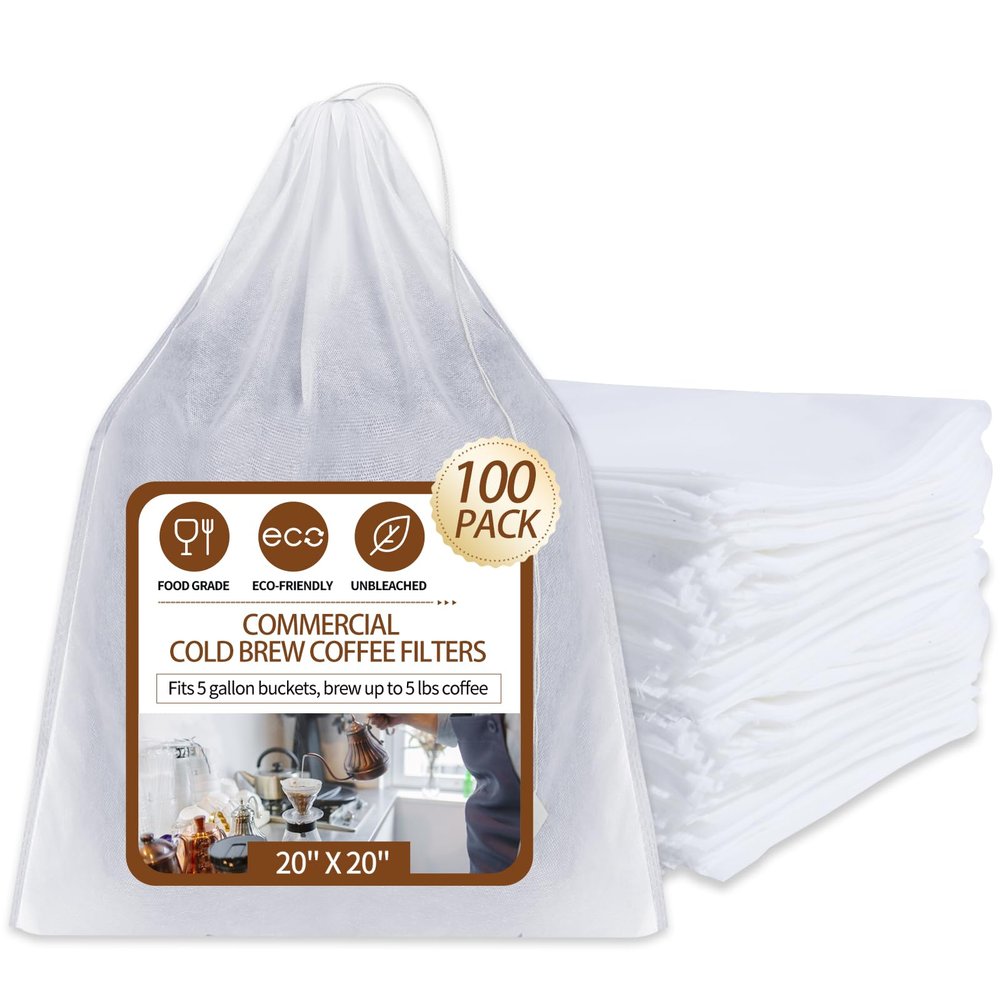 100Pcs Commercial Cold Brew Coffee Filters for 5 Gallon Buckets, 20" X 20" Disposable Coffee Filters with Drawstring for Brew Up To 5 LBS Coffee