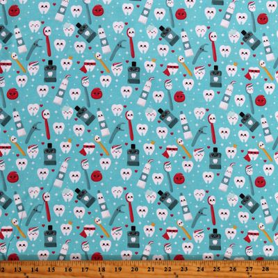 Cotton Dental Happy Teeth Aqua Toothpastes Toothbrushes Dental Floss Mouthwash Superheroes Superhero Crown Tooth Teeth Molars Stars Hearts Aqua Cotton Fabric Print by The Yard (130672)