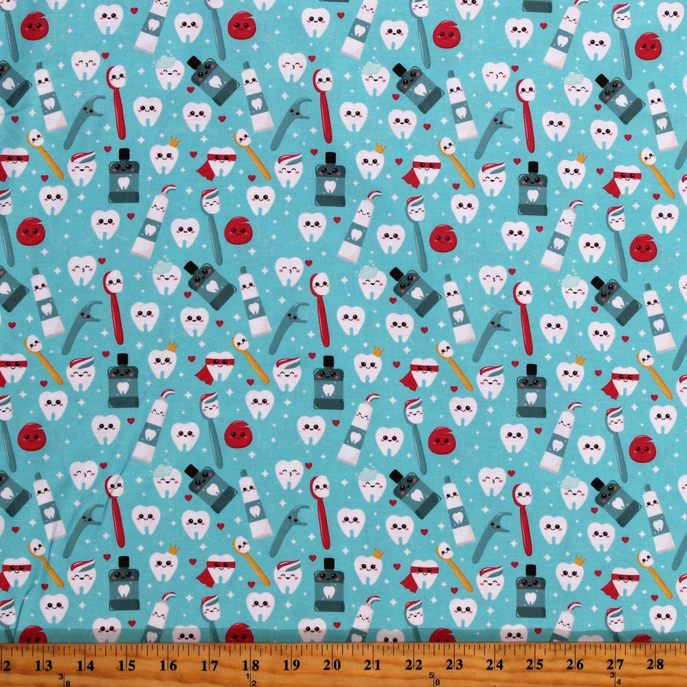 Cotton Dental Happy Teeth Aqua Toothpastes Toothbrushes Dental Floss Mouthwash Superheroes Superhero Crown Tooth Teeth Molars Stars Hearts Aqua Cotton Fabric Print by The Yard (130672)