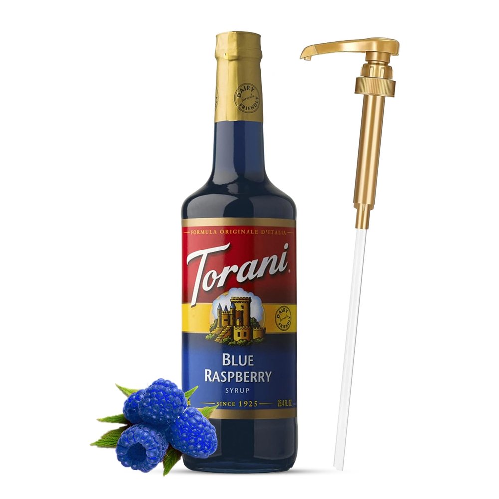 Jimoco Syrup Pump Dispenser + Torani Blue Raspberry Syrup, 25.4 oz - Coffee Syrup Pump & Flavoring Bundle