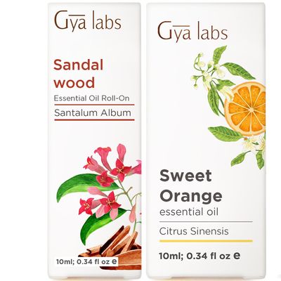 Sandalwood Roll On & Sweet Orange Essential Oil for Diffuser Set - Essential Oils Aromatherapy Roll On with Essential Oil Set - 2x0.34 fl oz - Gya Labs