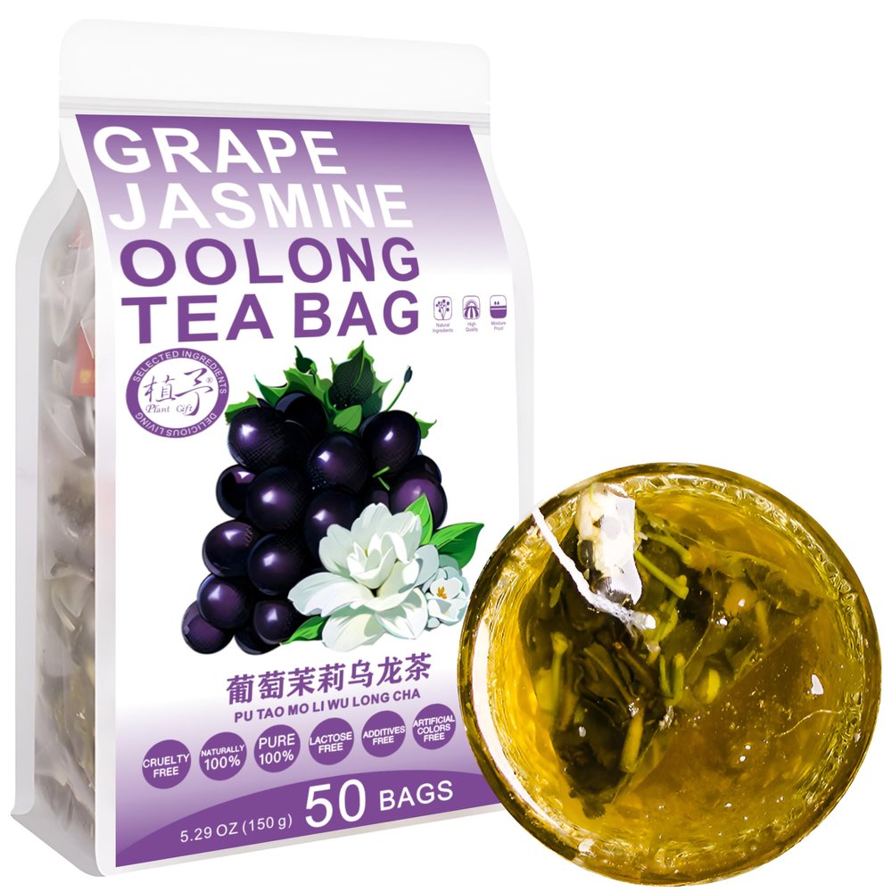 100% Pure Natural Herbal Tea, Grape Jasmine Oolong Tea Bag, 150g/5.29oz (3g*50bags) , , Grape Aroma, Herbal Tea, Flower Tea, Refreshing Fruit Tea, Flavored Refreshing Tea Bags, No Additives, Non-GMO