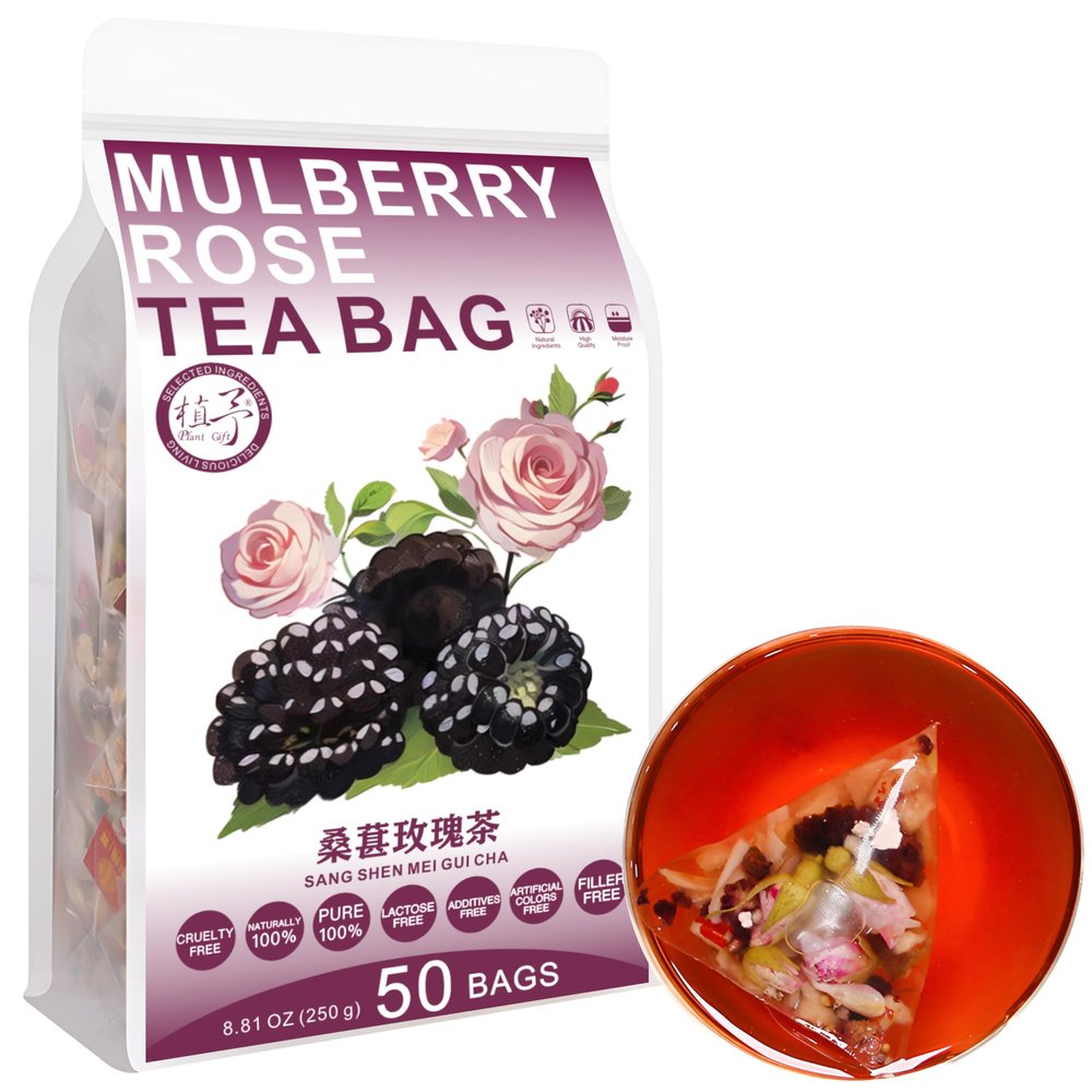 100% Pure Natural Herbal Tea, Mulberry Rose Tea Bag, 250g/8.81oz (5g*50bags), , Poria cocos, Lily, Caffeine Free, No Additives, Non-GMO