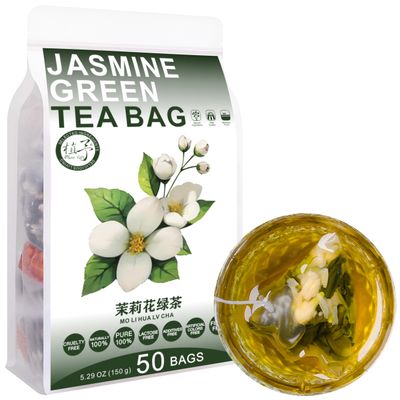 100% Pure Natural Herbal Tea, Jasmine Green Tea Bag, 150g/5.29oz (3g*50bags), , Jasmine, Low Caffeine, Floral Aroma & Flavor, No Additives, Non-GMO