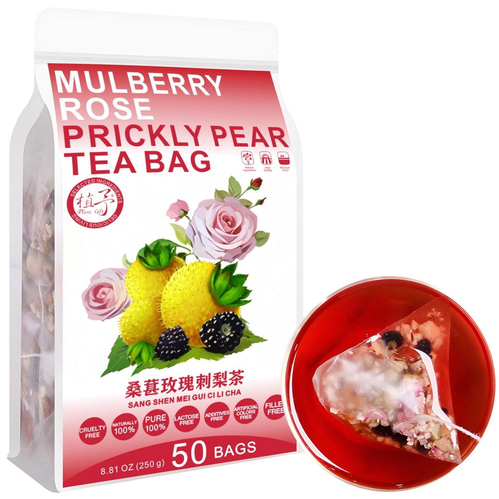 100% Pure Natural Herbal Tea, Mulberry Rose Prickly Pear Tea Bag, 250g/8.81oz (10g*25bags), , Poria Cocos, Black Wolfberry, Lemon, Lily, Caffeine Free, No Additives, Non-GMO