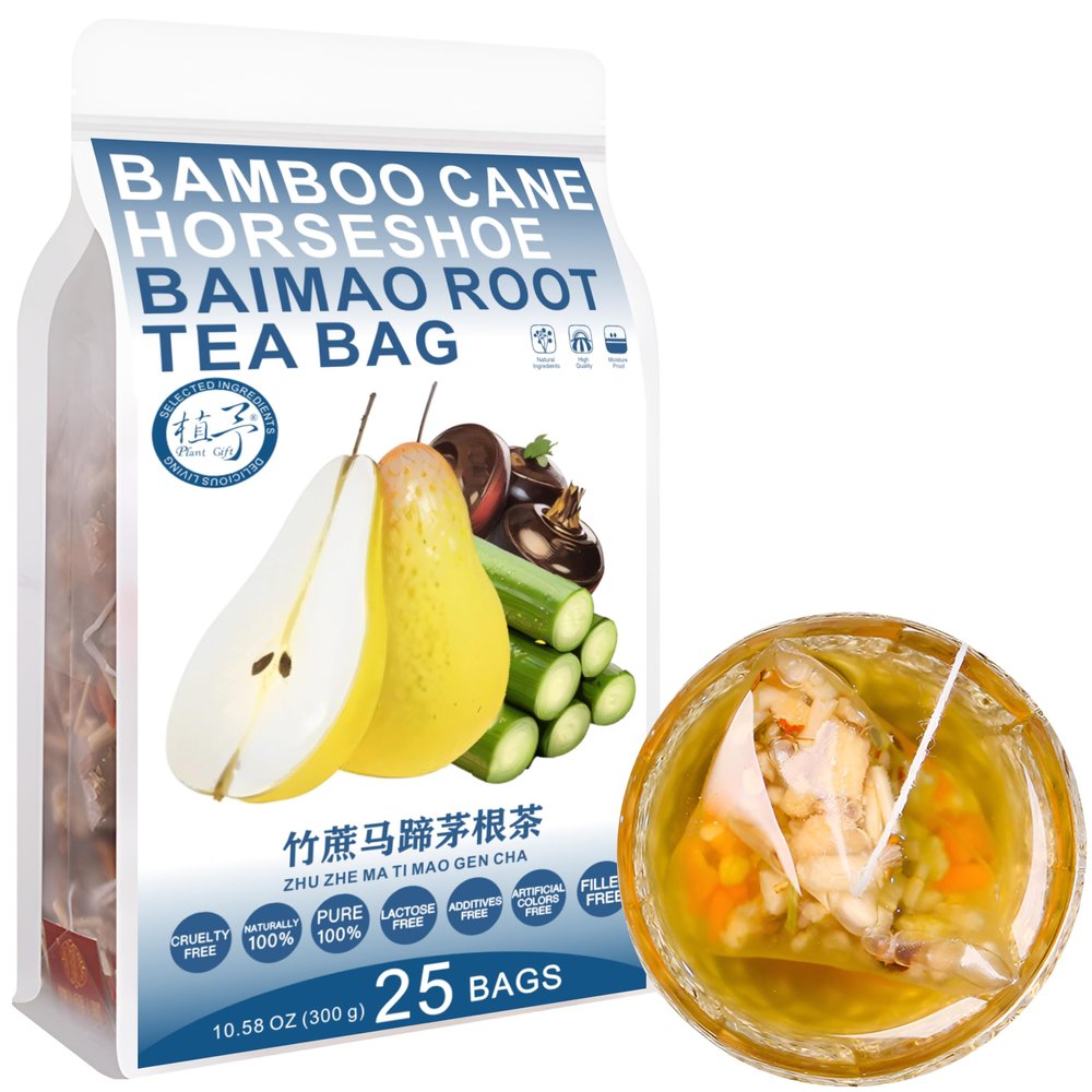 100% Pure Natural Herbal Tea, Bamboo cane Horseshoe Baimao Root Tea Bag, 300g/10.58oz (12g*25bags), , Water Chestnut, Snow Pear, Licorice, Carrot, Caffeine Free, No Additives, Non-GMO