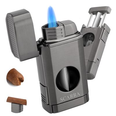 SCARRA Cigar Torch Lighter, Multi-Function 3-in-1 Torch Lighter Gift for Men, Butane Lighters Built-in Cigar Holder & One-Touch Cigar Cutter V Cut, Windproof Triple Jet Flame Lighter for Men