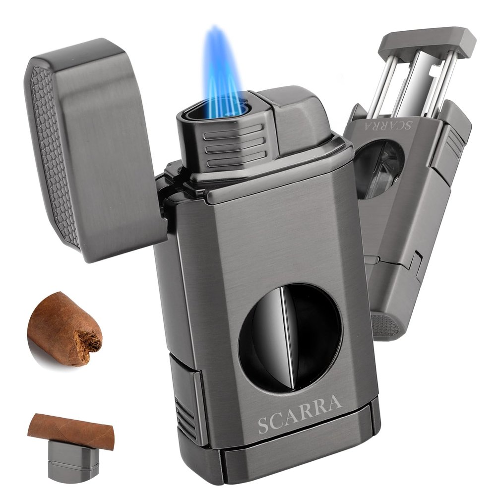 SCARRA Cigar Torch Lighter, Multi-Function 3-in-1 Torch Lighter Gift for Men, Butane Lighters Built-in Cigar Holder & One-Touch Cigar Cutter V Cut, Windproof Triple Jet Flame Lighter for Men