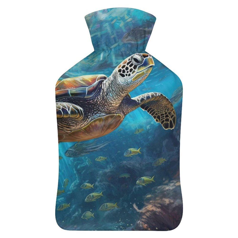 Hot Water Bottle with Soft Cover, Watercolor Sea Life 1L Warm Water Bag for Menstrual Cramps, Ocean Animal Neck And Shoulder Pain Relief, Ideal for Hand & Feet Warmer for Kids, Men & Women, Hot & Cold