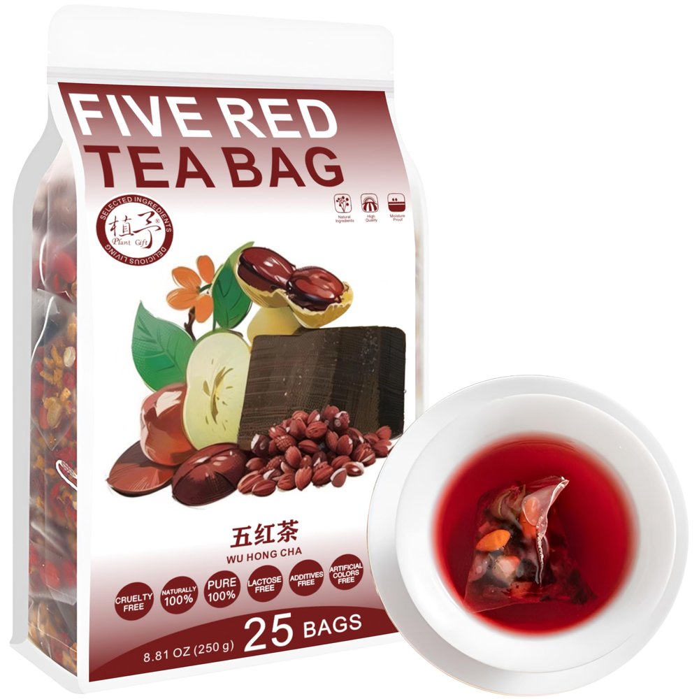 100% Pure Natural Herbal Tea, Five Red Tea Bag, 250g/8.81oz (5g*50bags) Gpji, Brown Sugar, Red Bean, Peanut, Caffeine Free, No Additives, Non-GMO