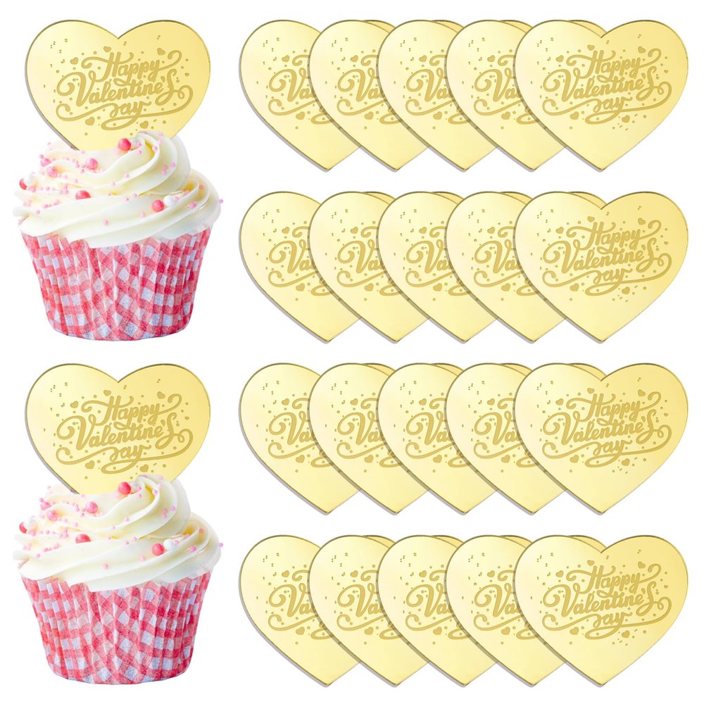 URROMA Heart Cake Topper, 20pcs Gold Happy Valentines Day Cupcake Topper Discs for Wedding Valentine's Day Gifts Party