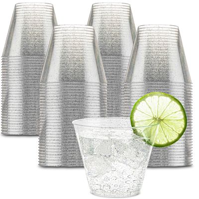 PLASTICPRO 9 oz Disposable Plastic Party Cups,Old fashioned Designed Tumblers, Silver Glitter 100 Count,