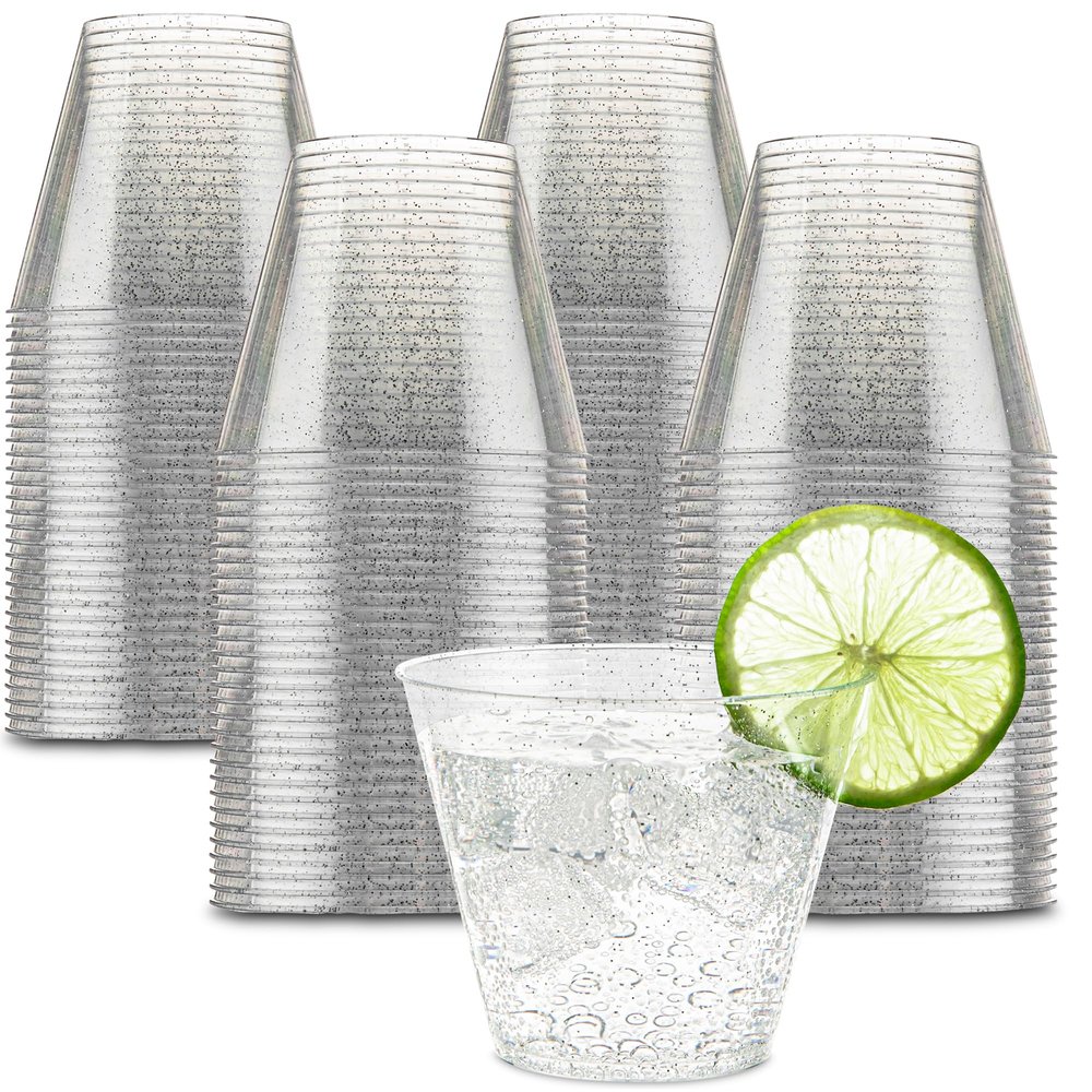 PLASTICPRO 9 oz Disposable Plastic Party Cups,Old fashioned Designed Tumblers, Silver Glitter 100 Count,