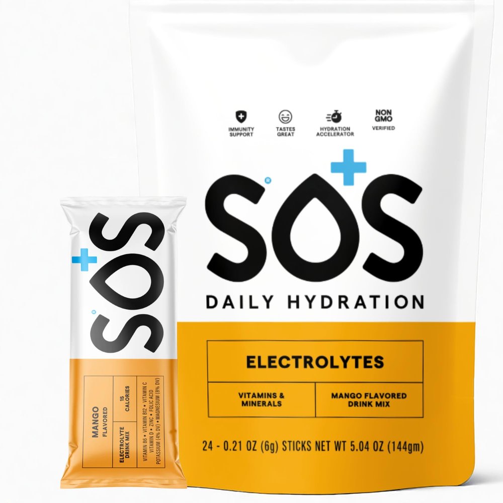 SOS Hydration Electrolyte Powder Sticks | Low Sugar Rapid Hydration | Keto Friendly (24 Servings, Mango)