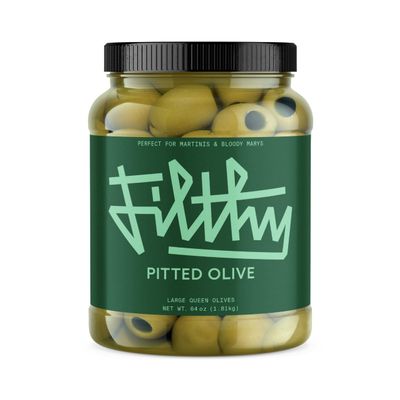 Filthy Pitted Olives, Premium Cocktail Garnish, Pitted Queen Olives, Naturally Cured Olives for Dirty Martinis & Entertaining, Bulk 64 Oz Jar, 125 Olives