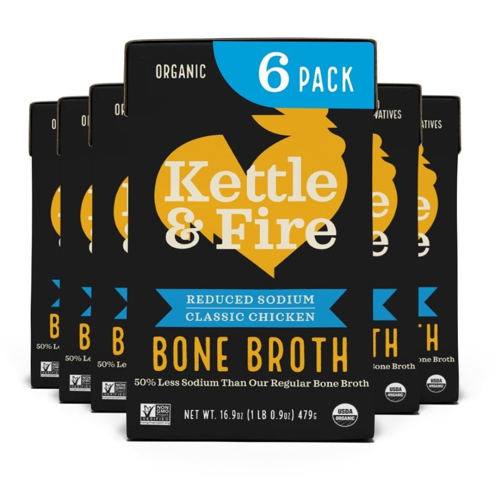 Kettle and Fire Reduce Sodium Chicken Organic Bone Broth, Keto, Paleo, Whole 30 Approved, Gluten Free, 17g of Protein, Natural Source of Collagen, Pack of 6