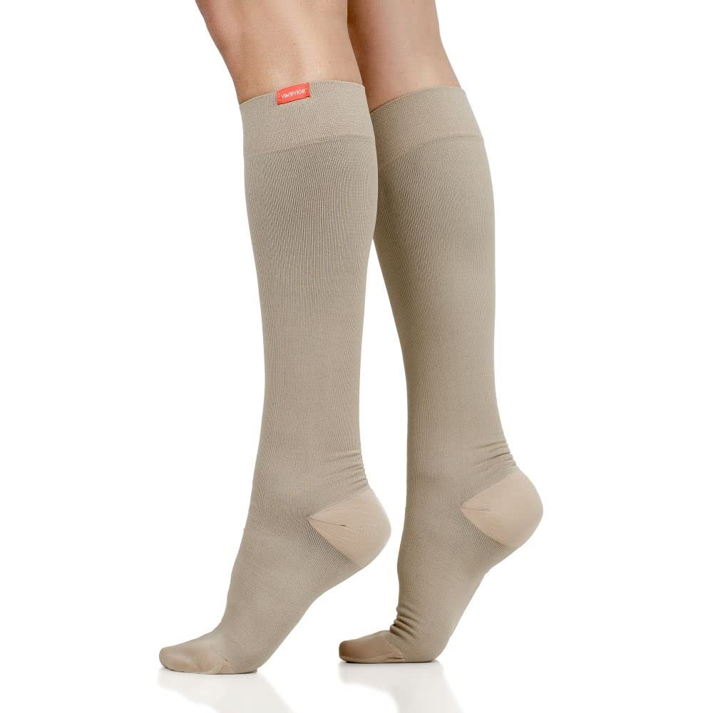 VIM & VIGR 30-40 mmHg Compression Socks for Women & Men (Cashew Solid Moisture Wick Nylon, Small/Medium Wide Calf (4))