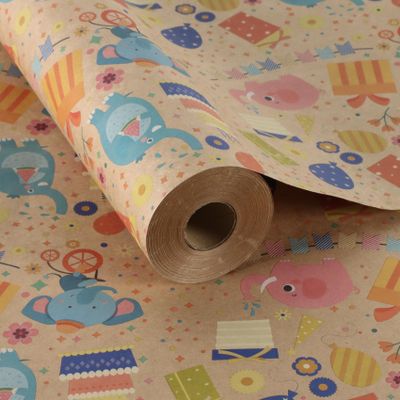 Aimyoo Baby Shower Wrapping Paper for Kid, Mini Roll- 17 in x 60 ft - Blue & Pink Elephant Kraft Wrap Paper for Boys Birthday, Baptism Gift Wrap