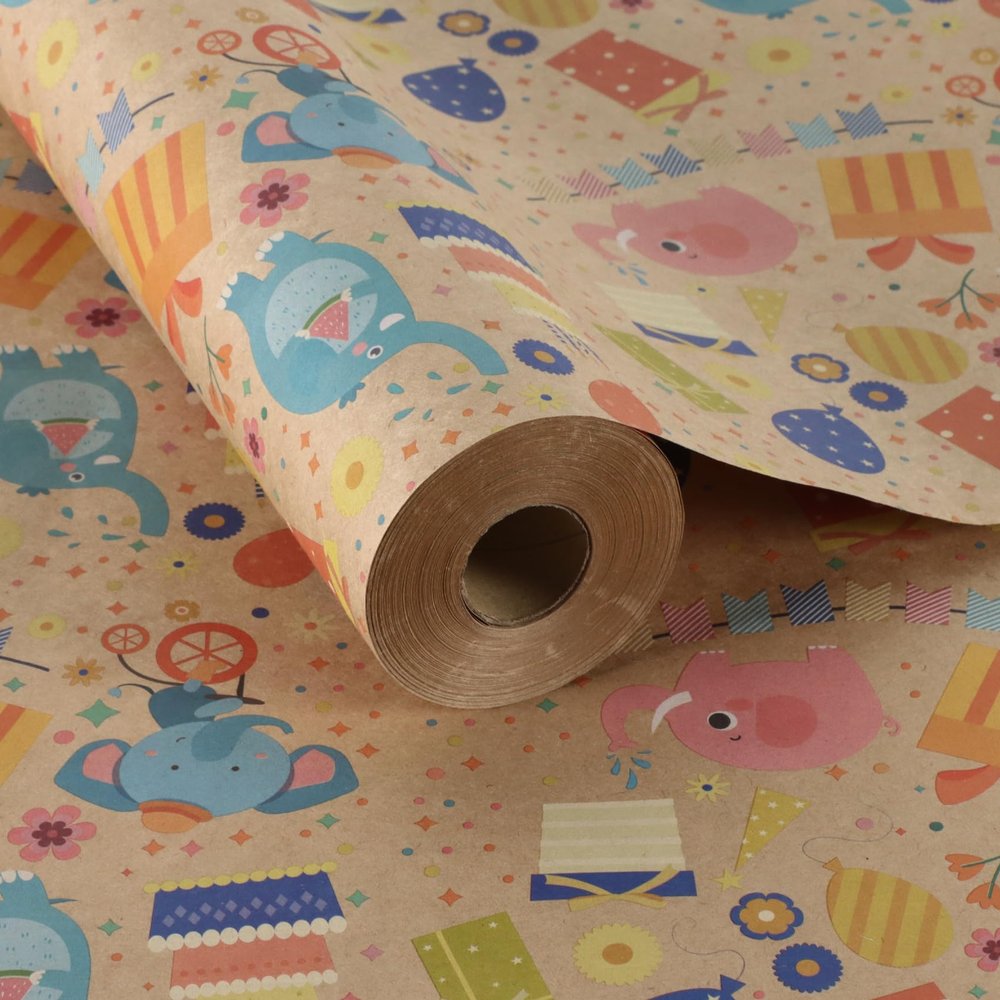 Aimyoo Baby Shower Wrapping Paper for Kid, Mini Roll- 17 in x 60 ft - Blue & Pink Elephant Kraft Wrap Paper for Boys Birthday, Baptism Gift Wrap