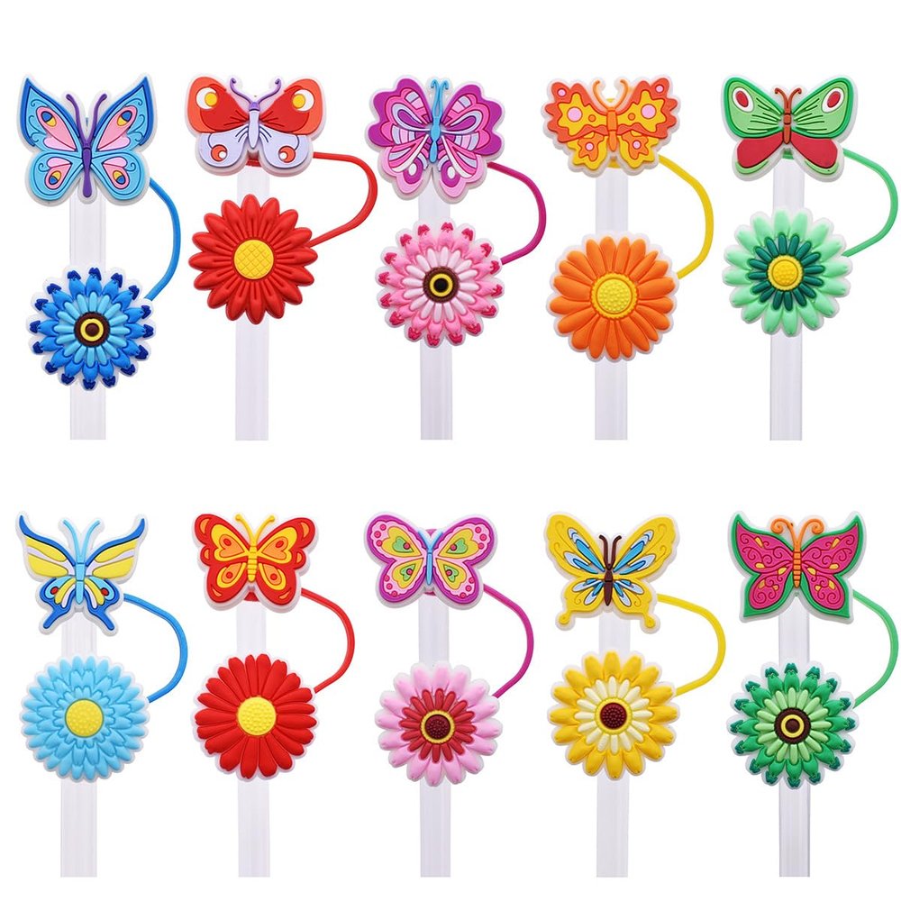 CEWEWP Butterfly Flower Straw Covers Cap, 10pcs Cute Silicone Straws Tips Cover Reusable, Straw Toppers For Tumblers, Compatible with Stanley 30&40 Oz Tumbler, Stanley Cup Accessories