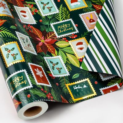Flyhill Reversible Christmas Wrapping Paper-17 Inch X 33 Feet-Gold Foil Shiny Stamp Style with Berry Flower,Santa Claus,Christmas Pine Tree Leaf and Snowflake Design for Party,Birthday