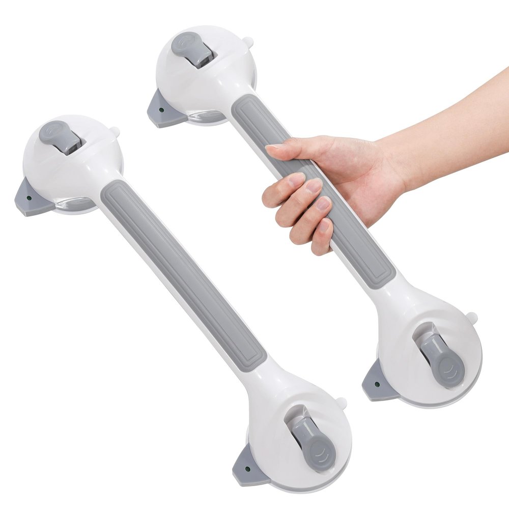 16.5 Inch Shower Handles for Elderly Suction Heavy Duty 300 Lbs (2 Pack), Safety Grab Bars for Shower with Indicators, Removable Shower Handrails for Seniors, Elderly, Handicap, No Drilling (Gray)
