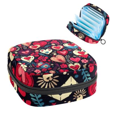 RODAILYCAY Sanitary Napkin Storage Bag for Women Cute, Feminine Menstruation Pad Holder for Period, Portable Zipper Menstrual Pad Bags Happy Valentine's Day Love Heart