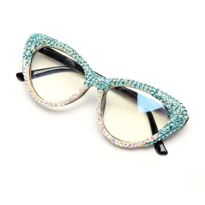 ICARA Oprah style Bling Rhinestone Cat Eye Reading Glasses for Women Shiny Diamond Blue Light Blocking Ladies Readers (blue/ab, 3, x)