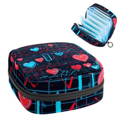 Valentine's Day Heart Beat Menstrual Pad Purse for School, Tampons Collect Pouch for Women Girls, Soft Sanitary Napkin Disposal Bags