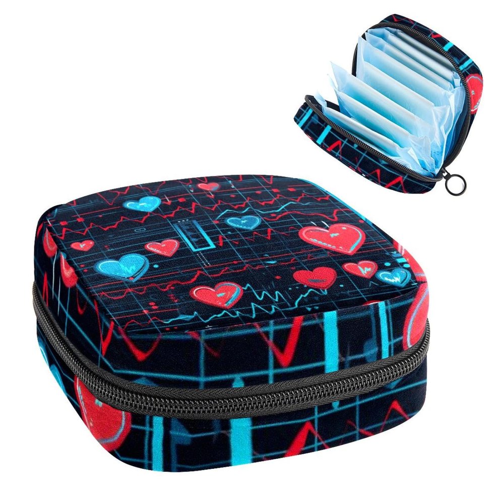 Valentine's Day Heart Beat Menstrual Pad Purse for School, Tampons Collect Pouch for Women Girls, Soft Sanitary Napkin Disposal Bags