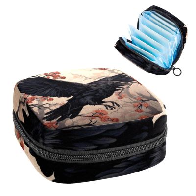 RODAILYCAY Sanitary Napkin Storage Bag for Women Cute, Feminine Menstruation Pad Holder for Period, Portable Zipper Menstrual Pad Bags Crow