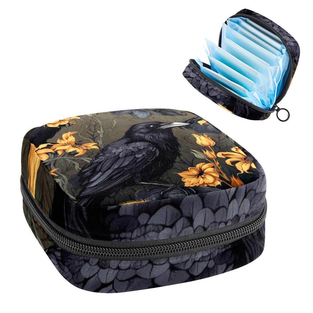RODAILYCAY Tampons Holder for Purse, Portable Feminine Menstruation Pad Holder, Crow Cute Sanitary Napkin Storage Bag for Women