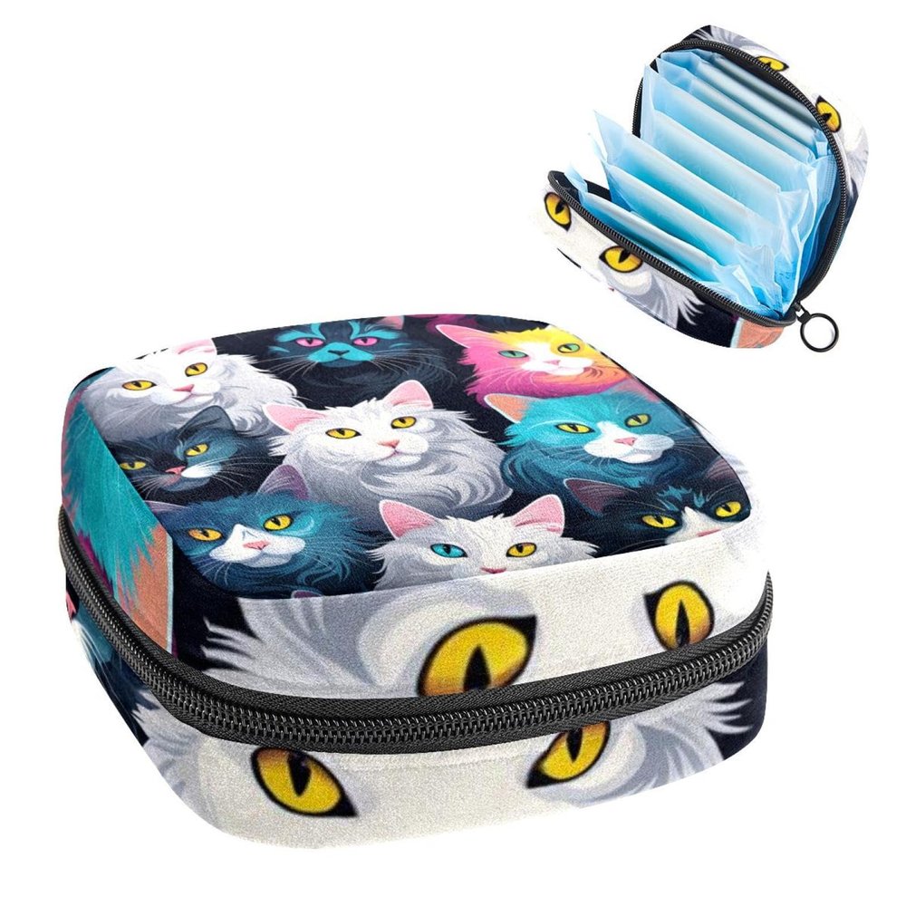 RODAILYCAY Cat Pattern Sanitary Napkin Storage Bag, Tampons Collect Holder Purse, First Period Kit for Girls Women, Pad Bag for Period for School