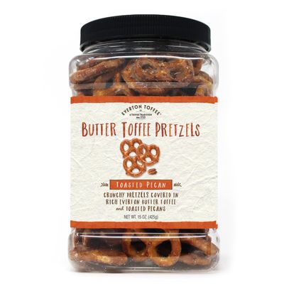 Everton Toasted Pecan Butter Toffee Pretzels: Pecan bits and flavors, made in small batches for that Rich Small Batch 15oz Gourmet Grab Jar.
