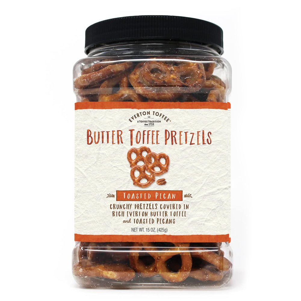 Everton Toasted Pecan Butter Toffee Pretzels: Pecan bits and flavors, made in small batches for that Rich Small Batch 15oz Gourmet Grab Jar.