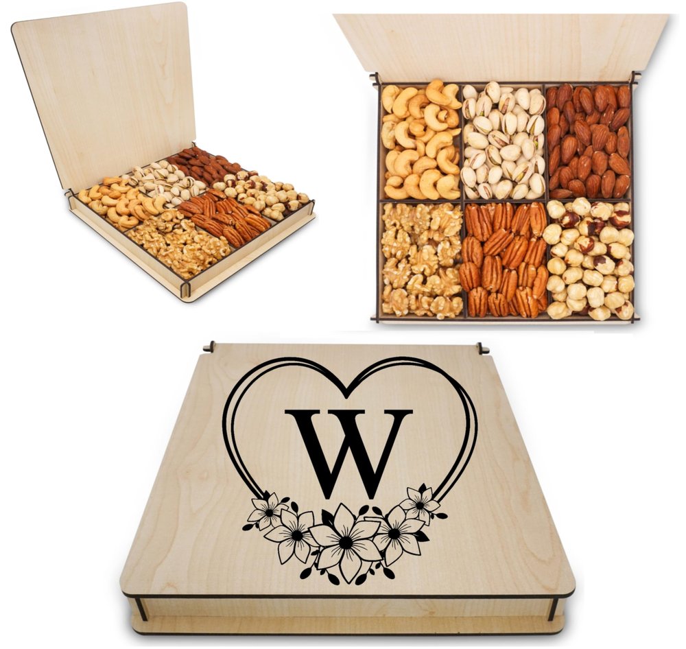 Monogrammed Gift Basket, Mixed Nuts Gift in Reusable Wooden Tray, Business Present, Gourmet Assortment Tray, Birthday Gift for Mom, Sympathy, Mom, Dad, Variety Snacks Box, Husband