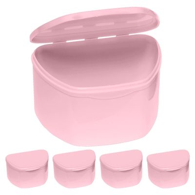 PlastCare USA Pink Denture Cases Pack of 5 - Dental Box For Artificial Teeth, Mouth Guard, Night Guard, Gum Shields, Retainer - Denture Bath Container for Women and Men - Travel Denture Cup