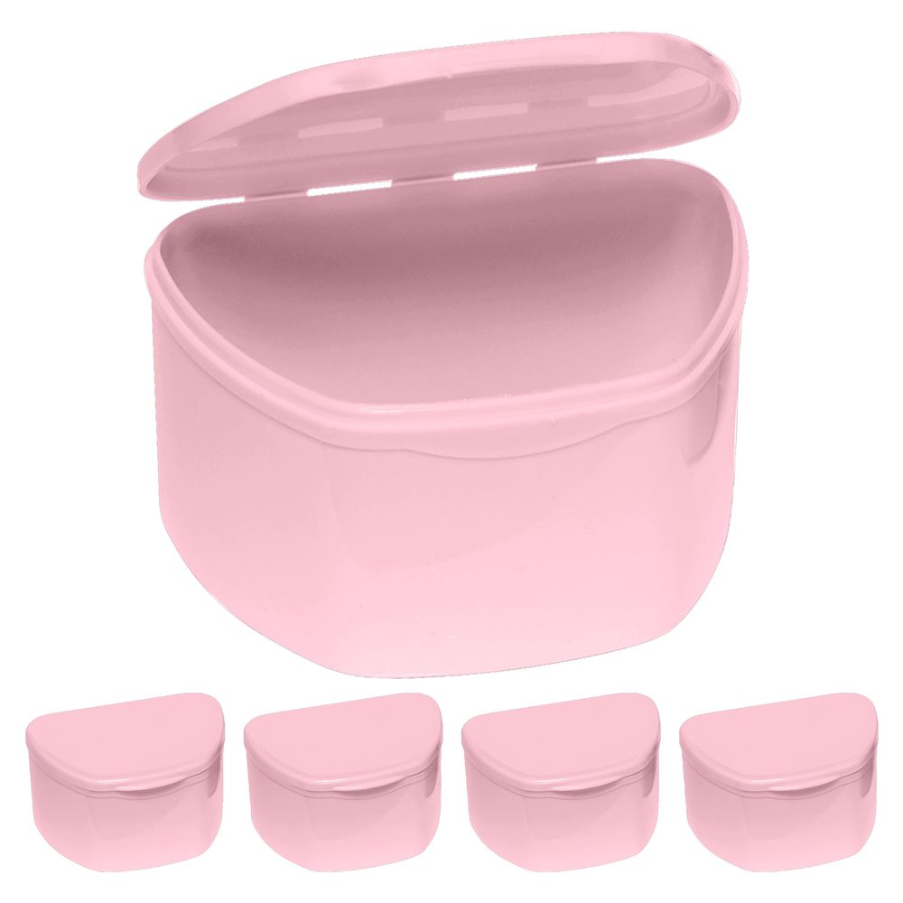 PlastCare USA Pink Denture Cases Pack of 5 - Dental Box For Artificial Teeth, Mouth Guard, Night Guard, Gum Shields, Retainer - Denture Bath Container for Women and Men - Travel Denture Cup