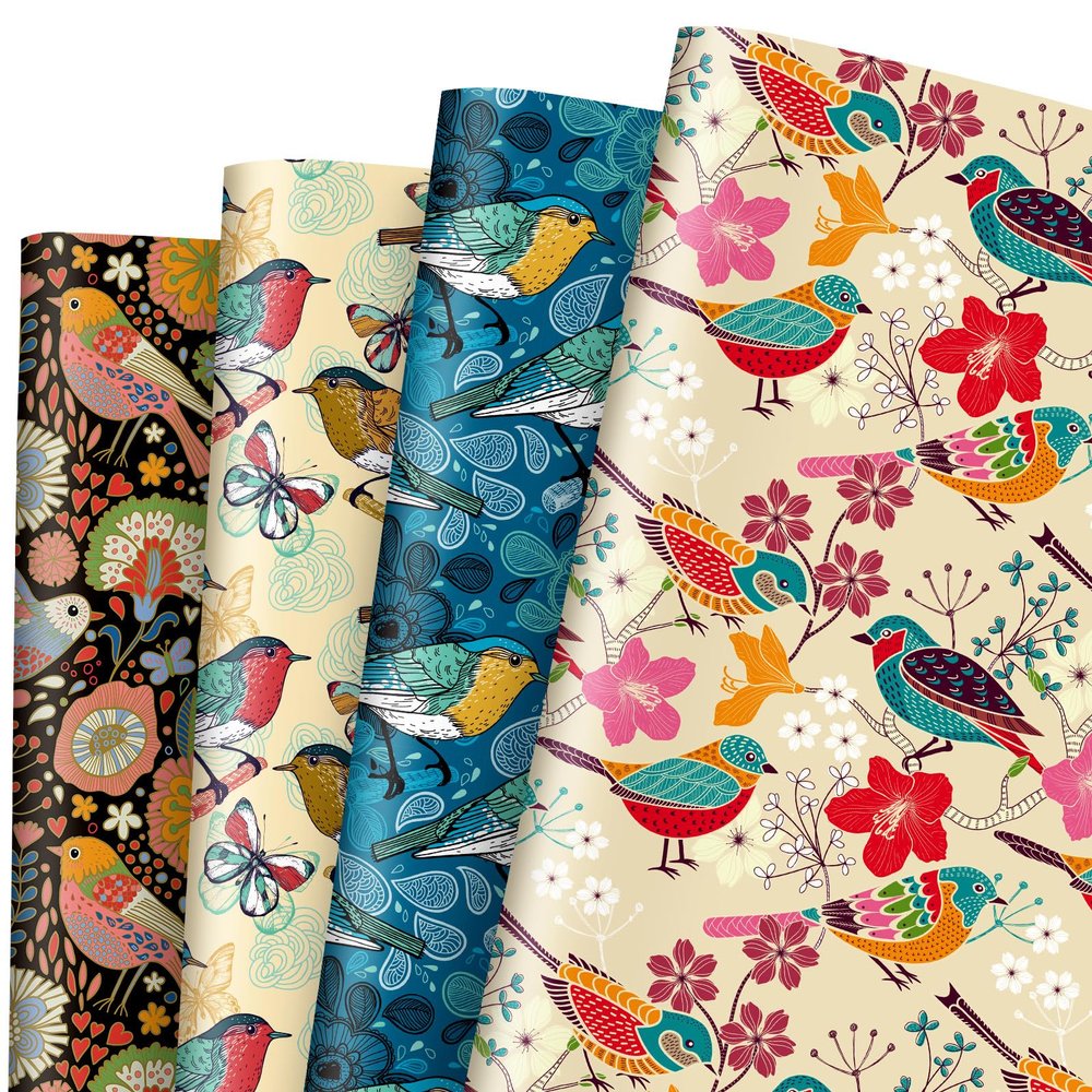 12 Sheets Vintage Floral Wrapping Paper - Not Roll - Retro Bird Flower Gift Wrap Paper Bulk Folded Flat 4 Designs DIY Craft Art Paper for Wedding Birthday Baby Shower Party Supplies