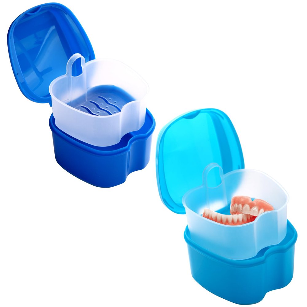 Hekkeyla Denture Bath Case, 2 Pack Travel Portable False Teeth Cup with Strainer, Denture Cup Kit Container for Complete Cleaning Care (Light Blue & Blue)