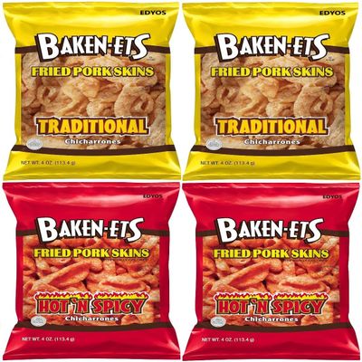 Fried Pork Skins Variety 4 - Pack (2) Traditional 4 oz and (2) Hot & Spicy 4 oz.
