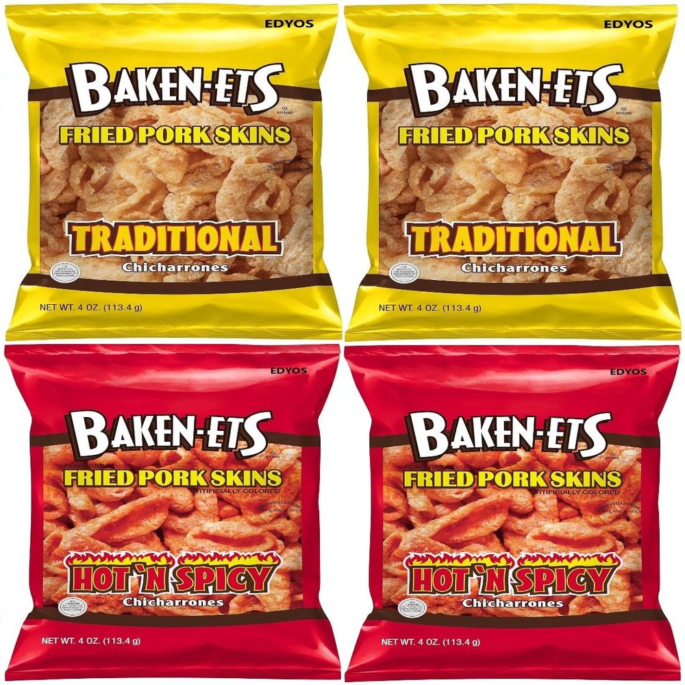 Fried Pork Skins Variety 4 - Pack (2) Traditional 4 oz and (2) Hot & Spicy 4 oz.